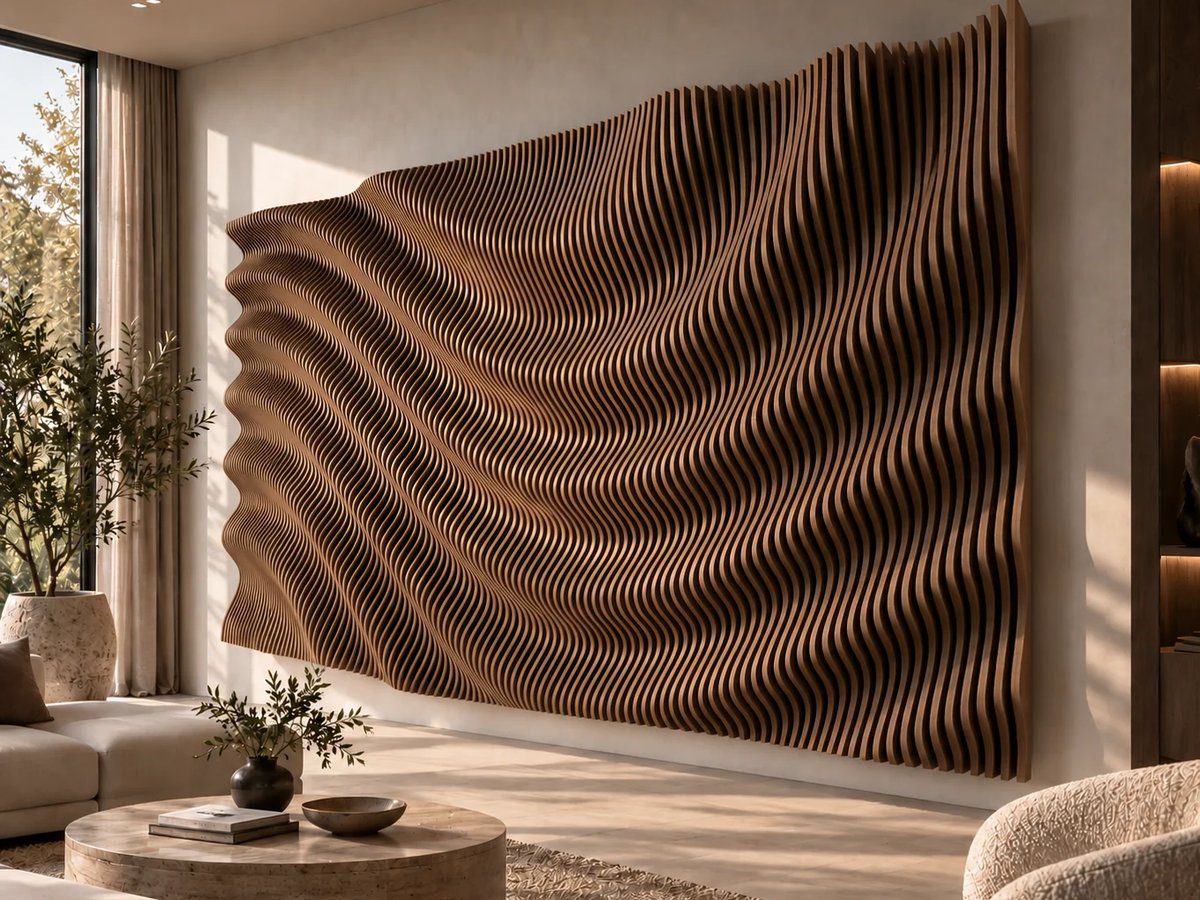 A parametric feature wall in walnut, lit by daylight from a full-height window