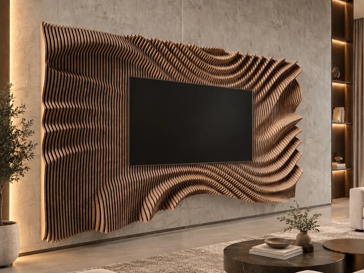A parametric media wall with a television set into the relief