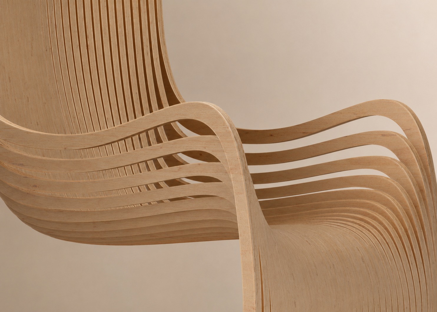 Fuse collection — close-up of CNC-cut plywood fins arcing into a continuous seat shell