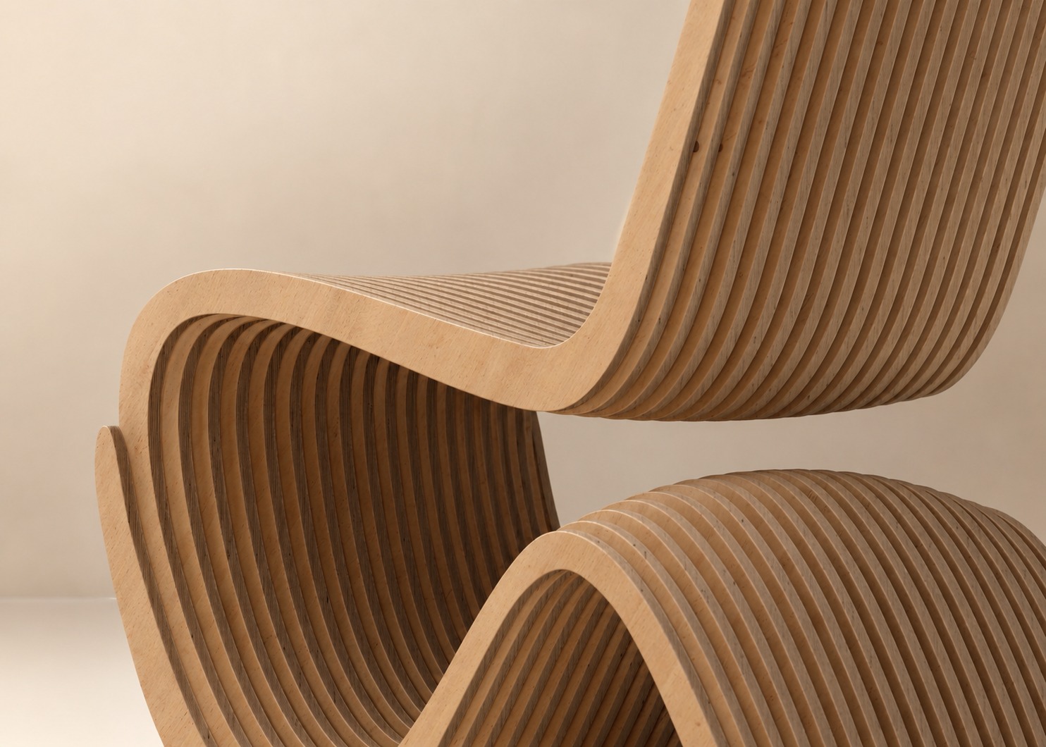 Louvre collection — close-up of stacked plywood ribs with spacer-gapped louvred profile