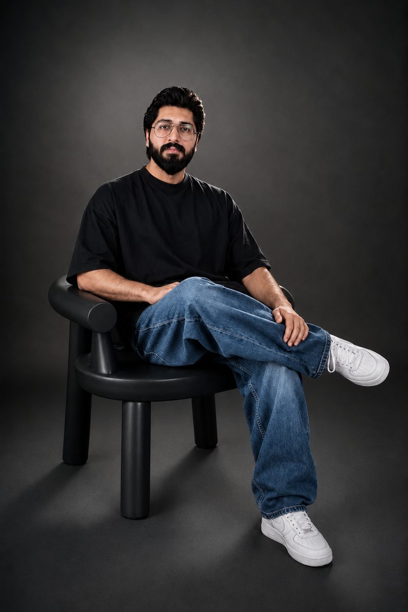 FormTech founder seated in a studio chair, Lahore