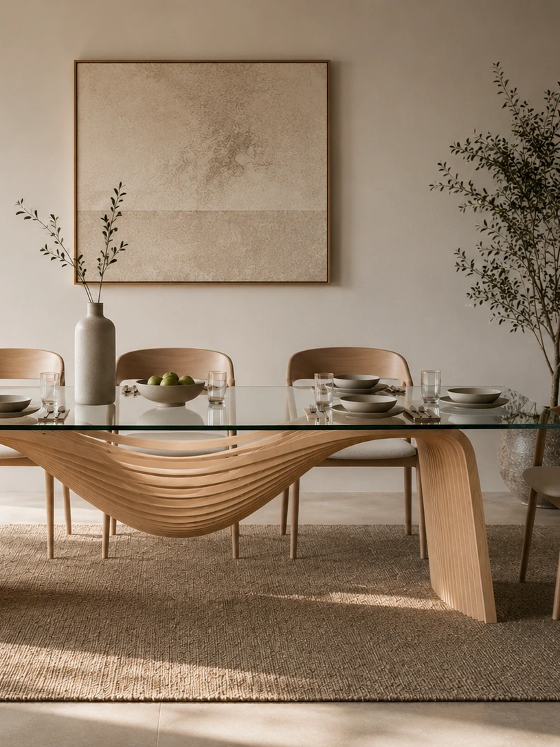 Drape Dining Table with glass top and birch plywood base, styled in a minimalist dining room