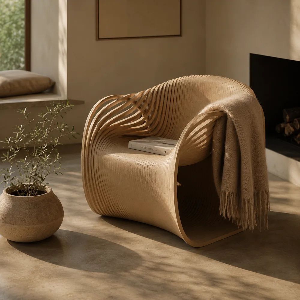 Morpho Chair in birch plywood, stacked rib shell, styled beside a fireplace