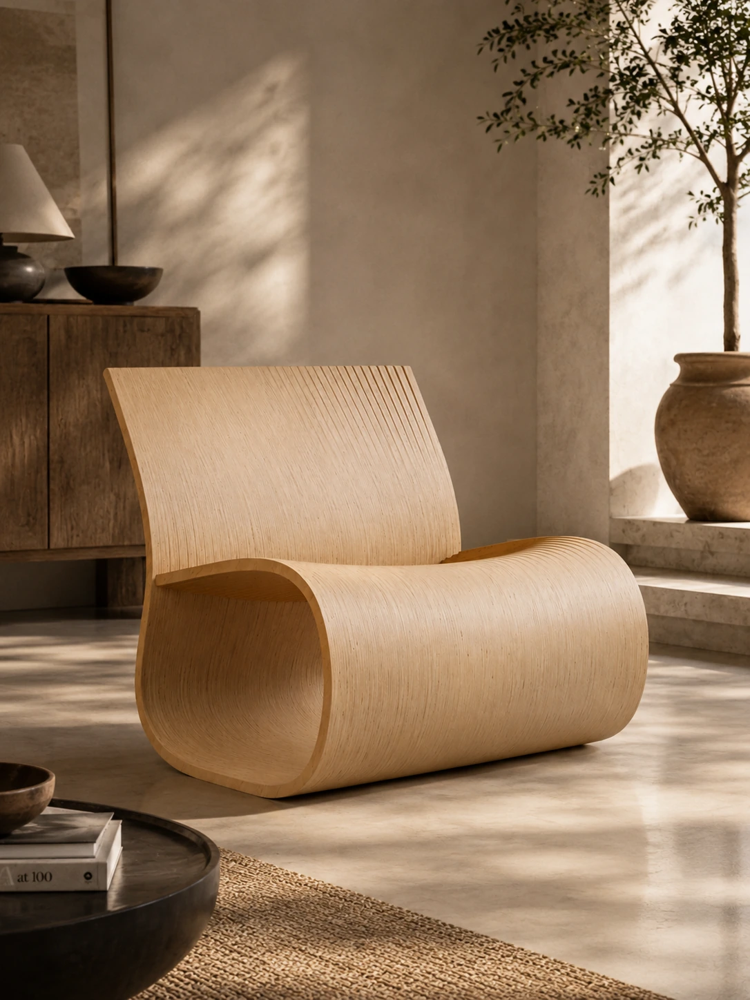 Riddle Chair in birch plywood, curled continuous shell, styled in a sunlit living room