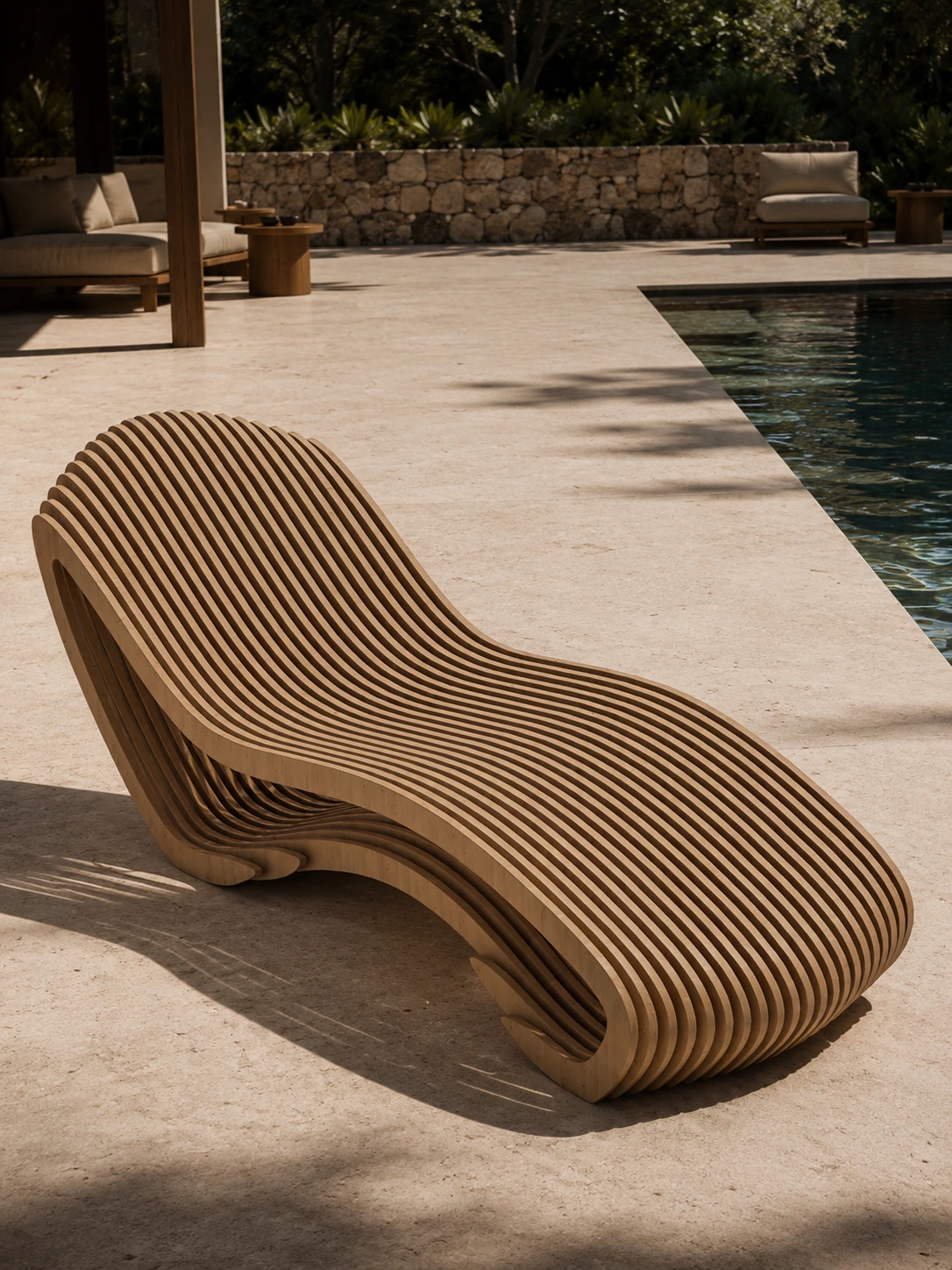 Sereno Sunbed in birch plywood with ribbed slats, beside a pool